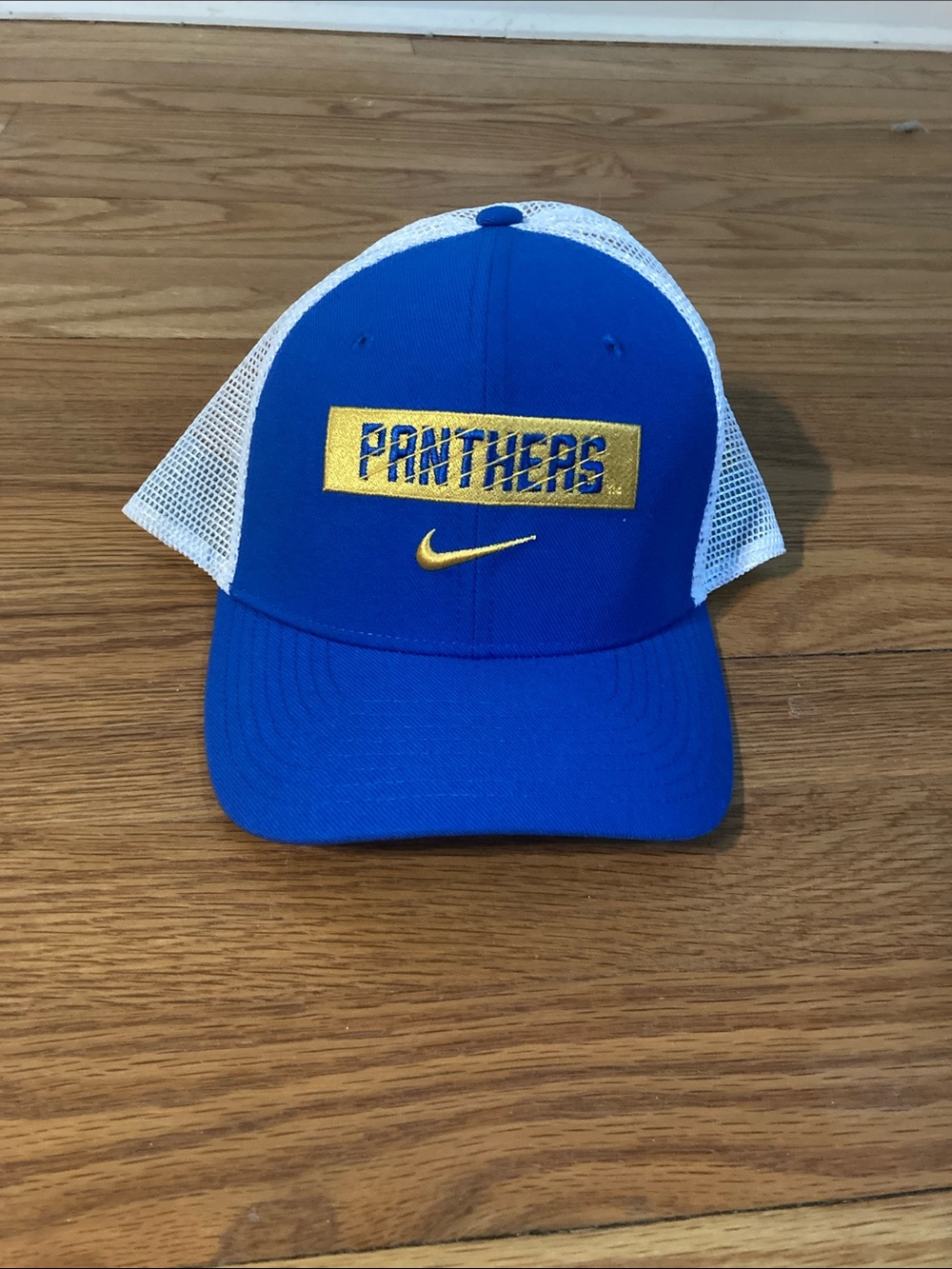 Nike Royal Blue and White Panthers Trucker Hat with Gold Accents